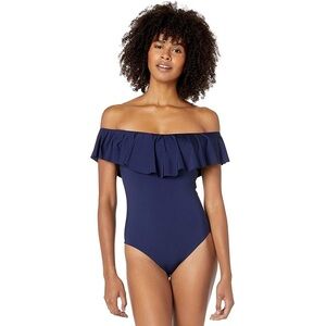 Trina Turk Navy Blue Off Shoulder Ruffled Swimsuit